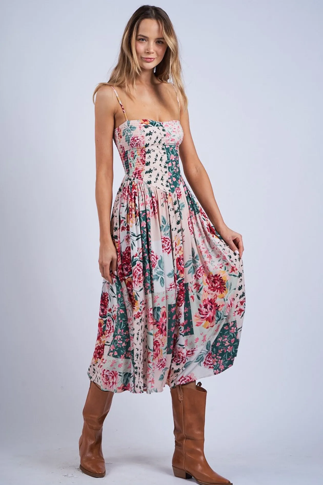 Ayla Patchwork Smocked Midi Dress