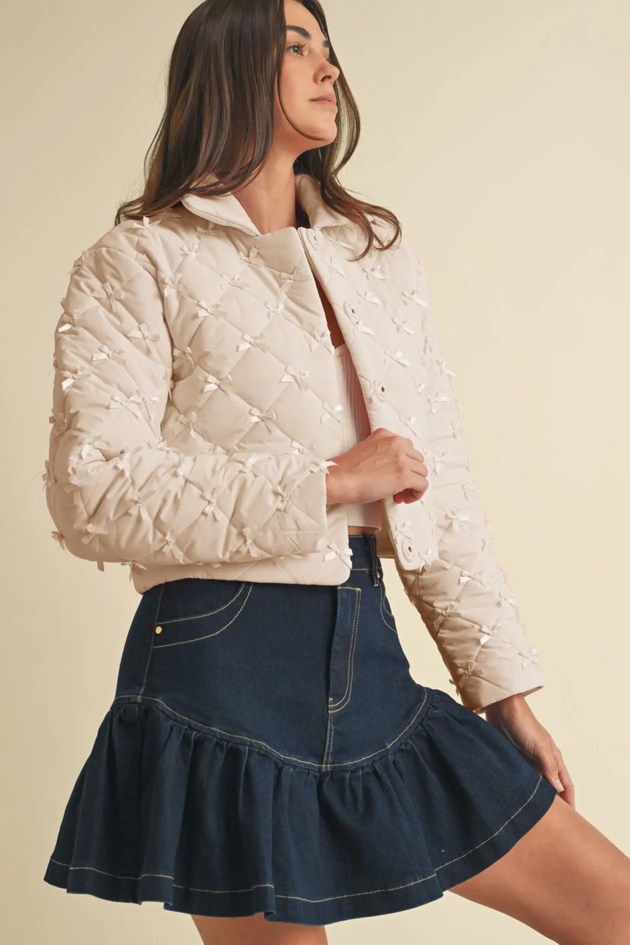 Bow Puffer Jacket in Cream