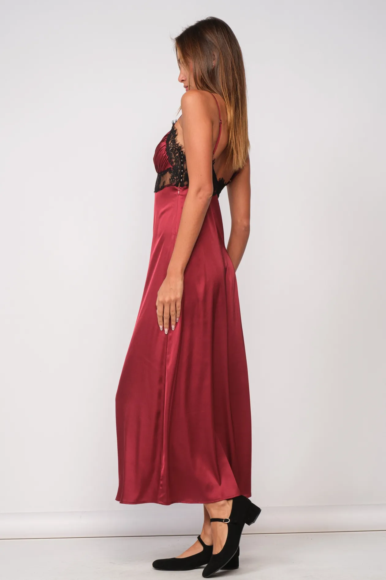 Burgundy Satin Lace Trim Midi Dress