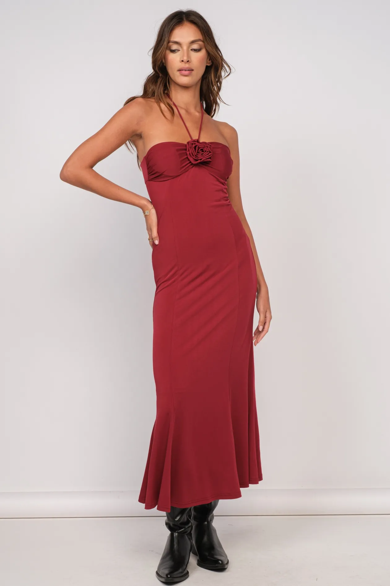 Carolina Red Halter Midi Dress
