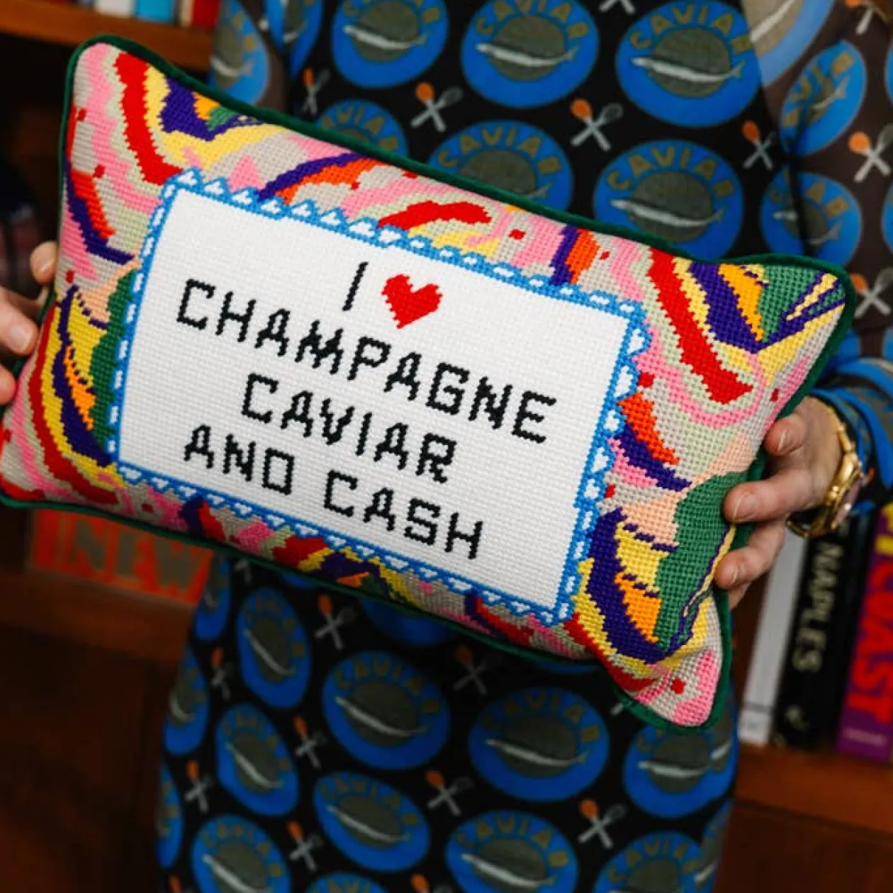 Caviar and Cash Needlepoint Pillow