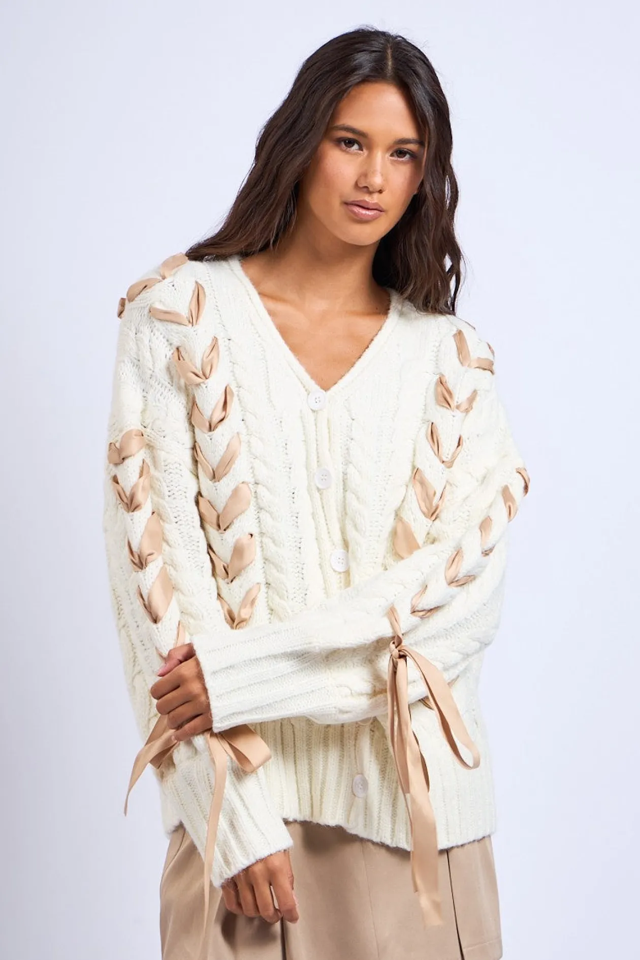 Cozy Up Ribbon Cardi in Ivory