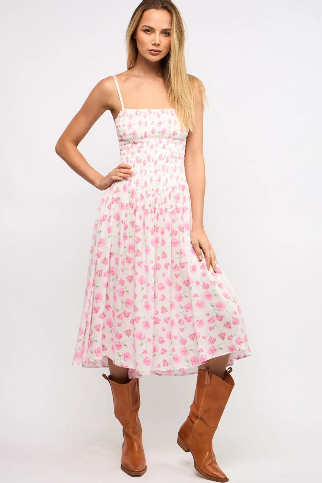 Delicate Roses Smocked Midi Dress