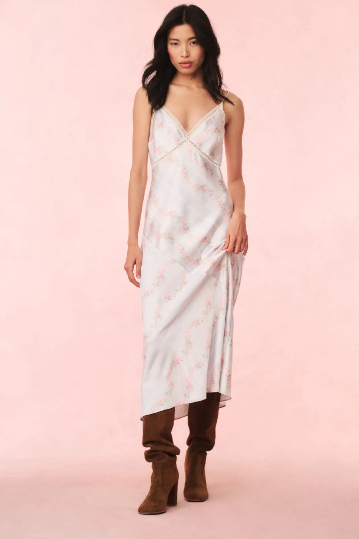 Ermon Satin Floral Slip Dress in Wavecrest Blue