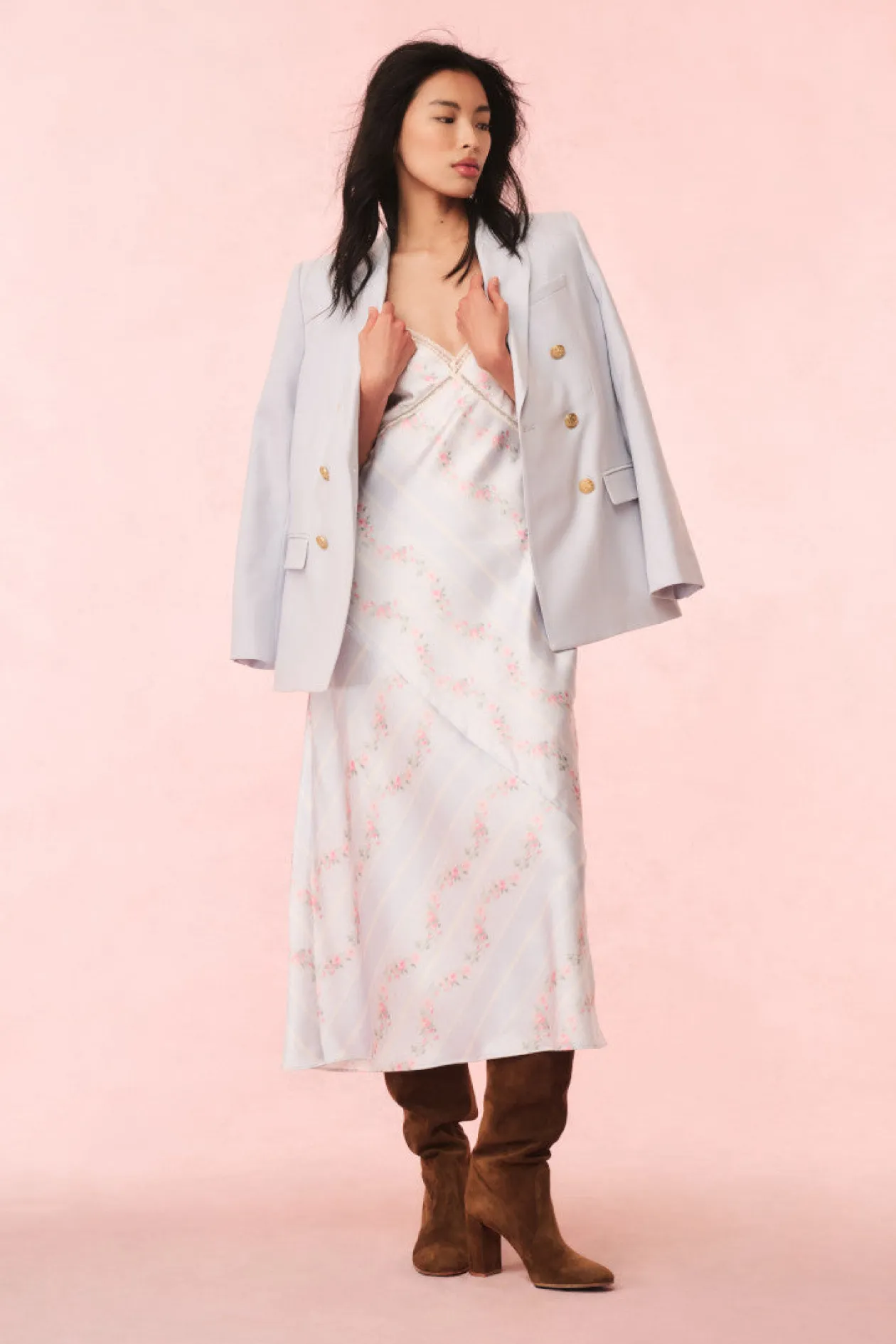 Ermon Satin Floral Slip Dress in Wavecrest Blue