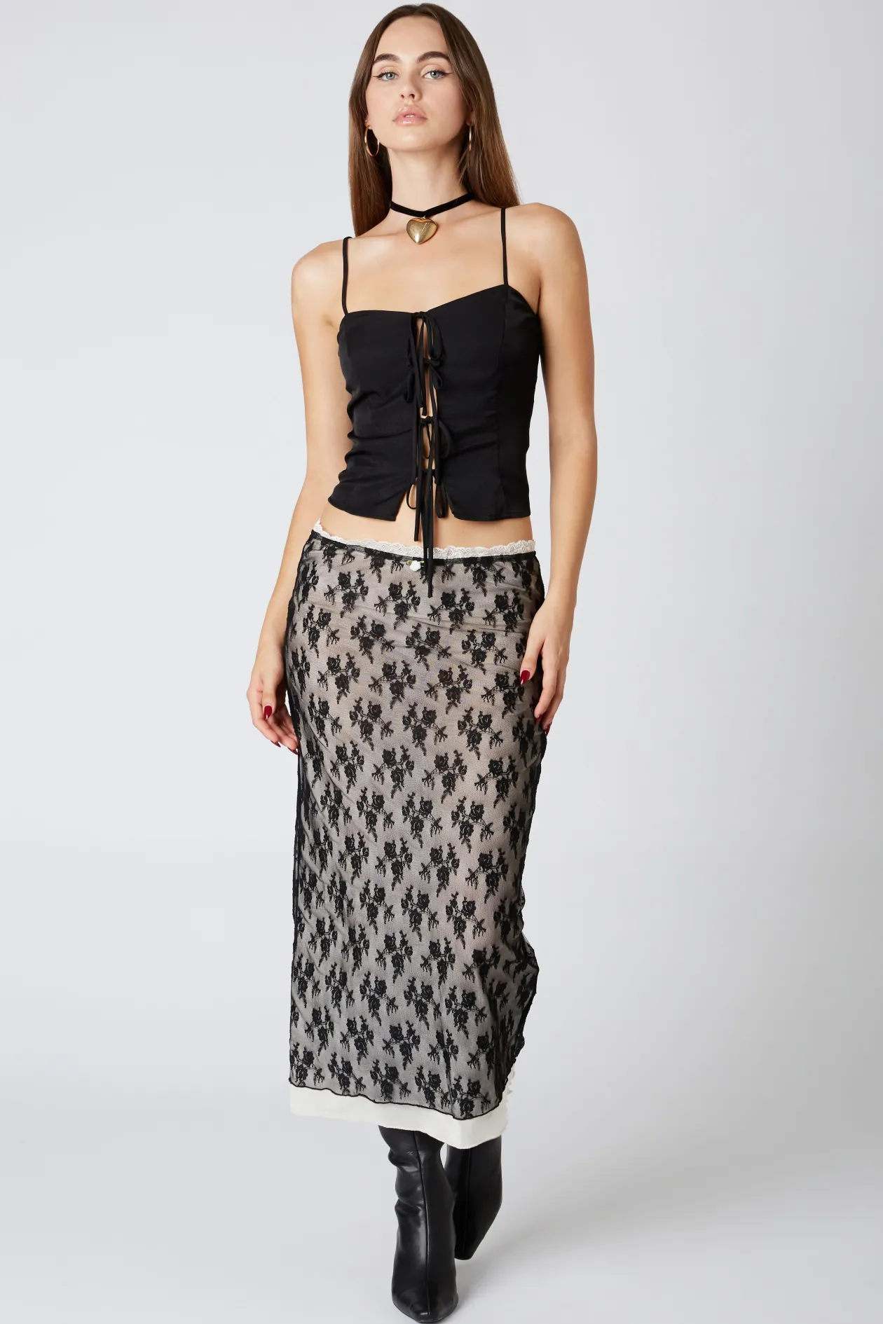 Floral Lace Overlay Midi Skirt