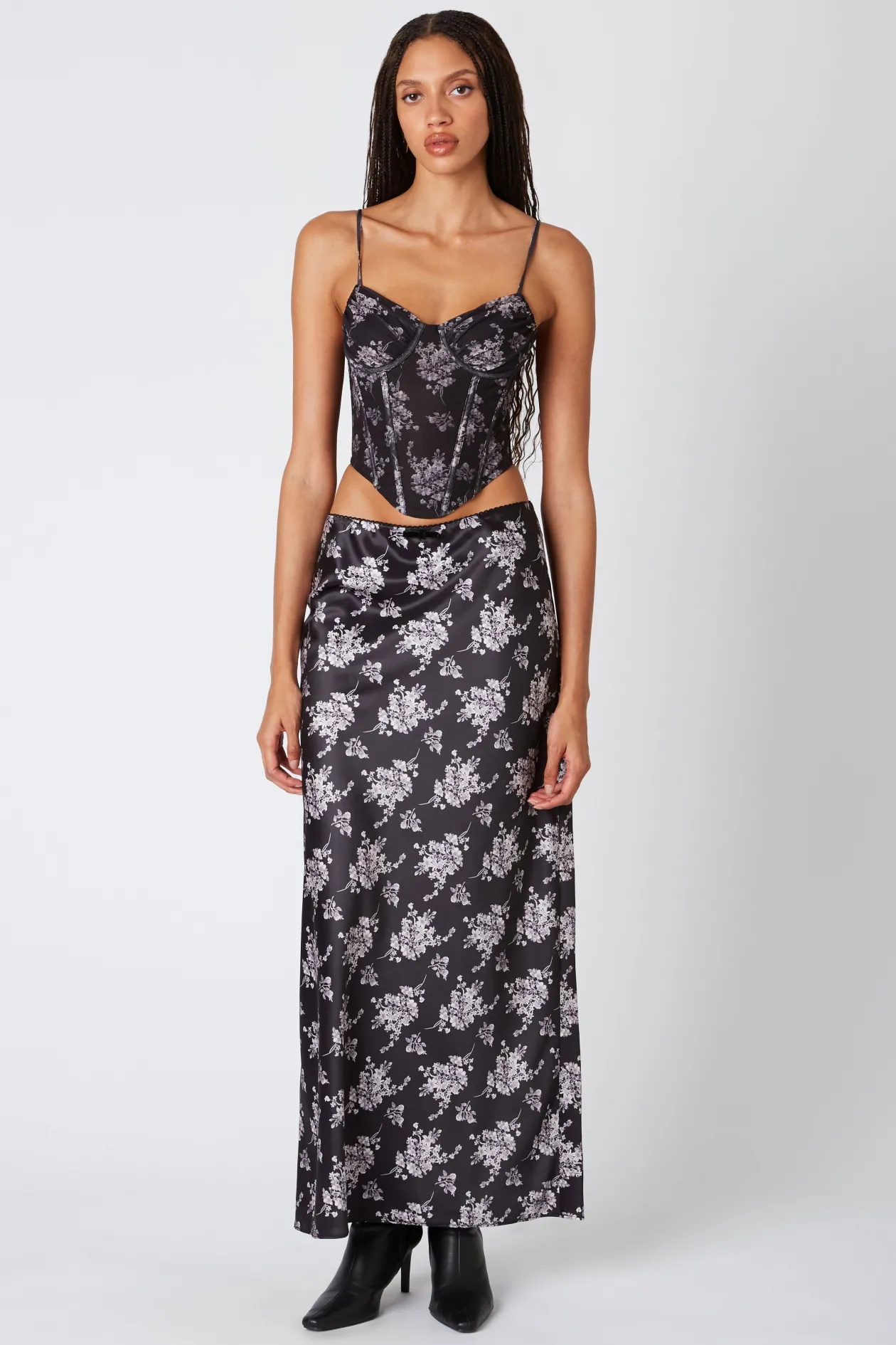 Floral Print Bias Midi Skirt in Black