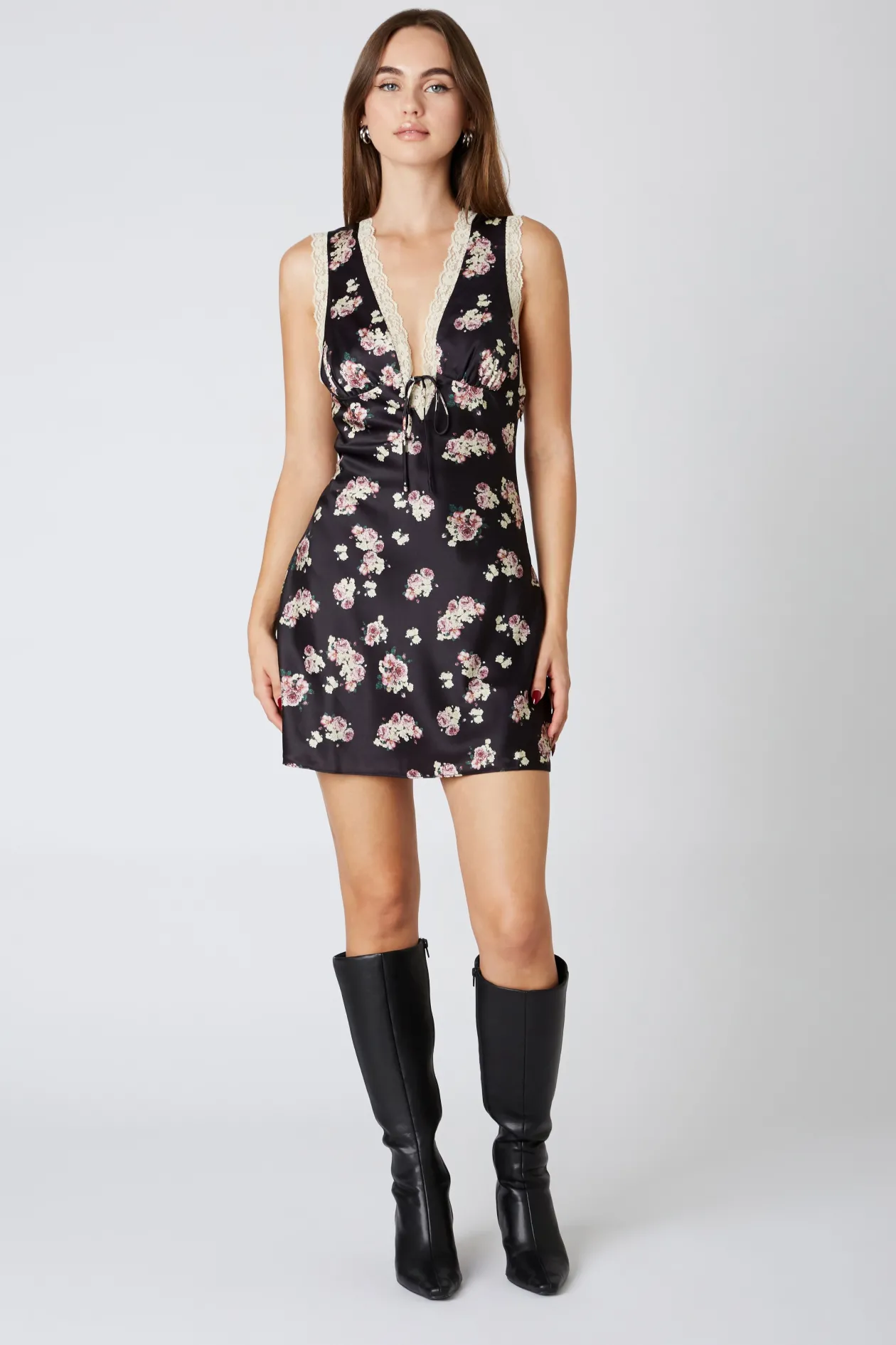 Floral Print Slip Dress in Black