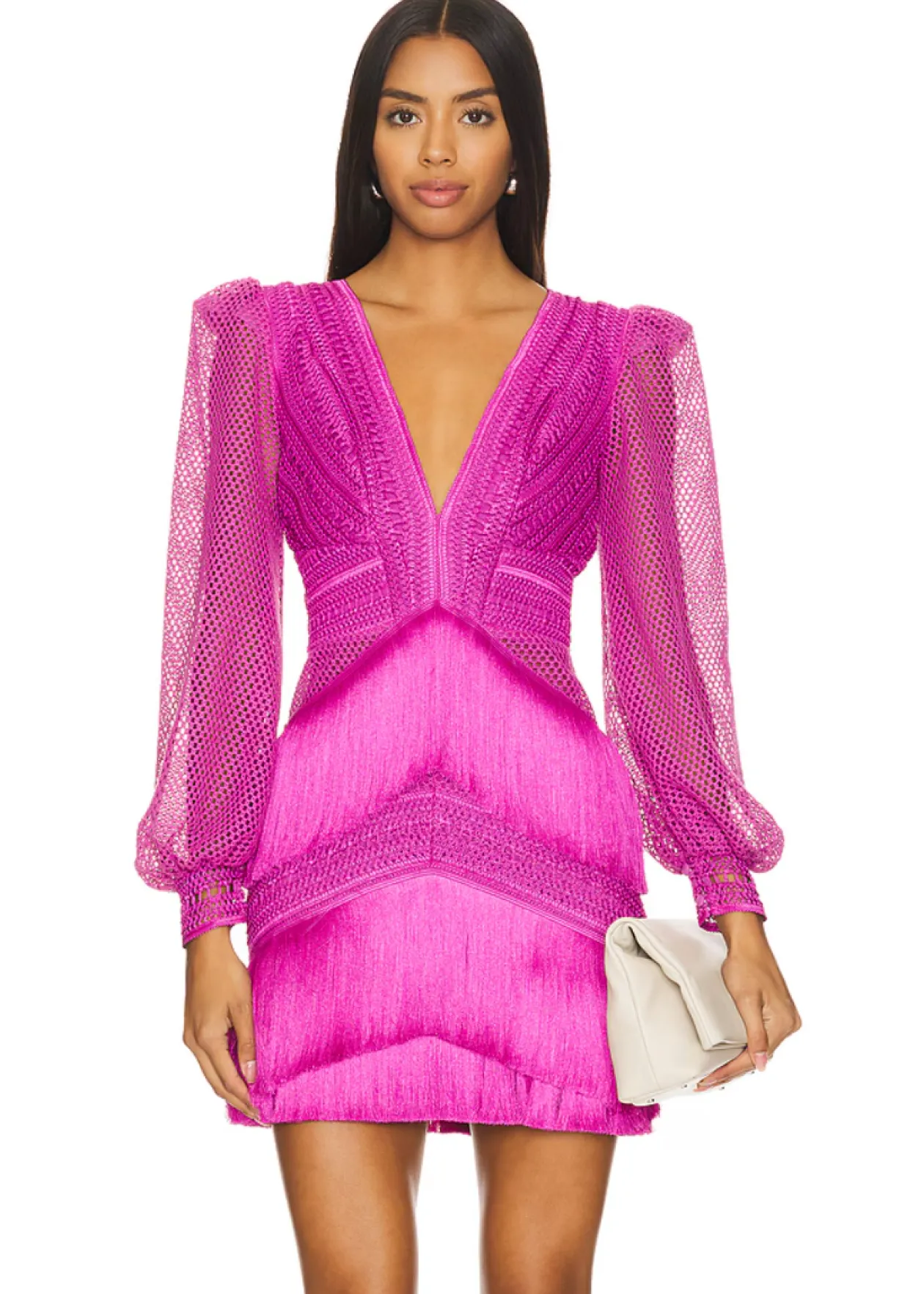 Long Sleeve Fringe Mini Dress in Cerise