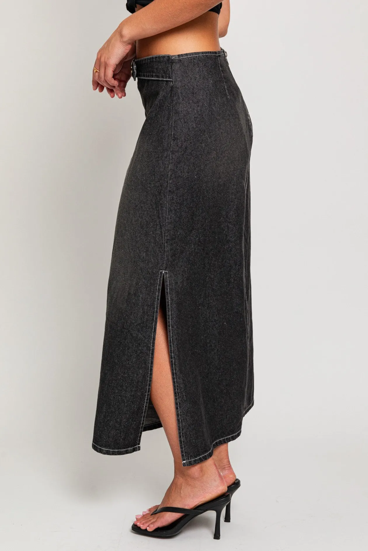 Mid Waist Washed Belted Midi Skirt