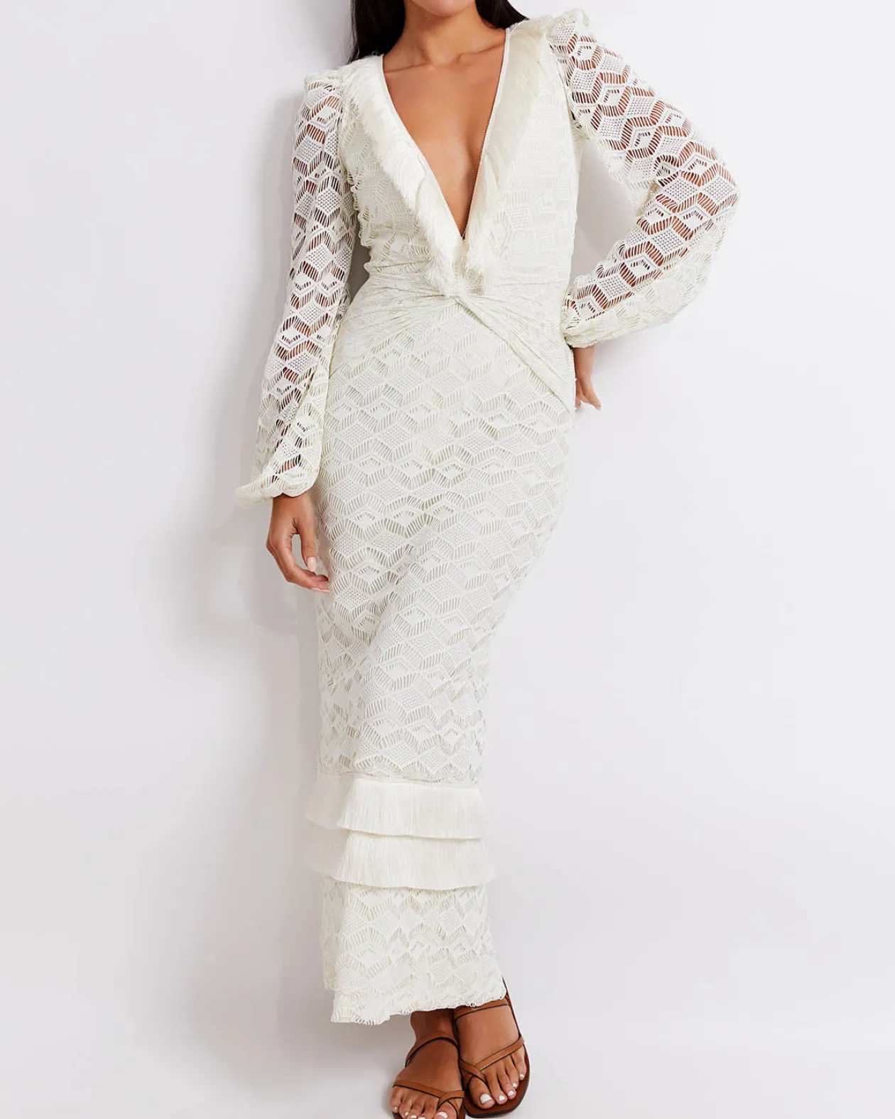 PatBo Crochet Plunge Fringe Trim Maxi Dress