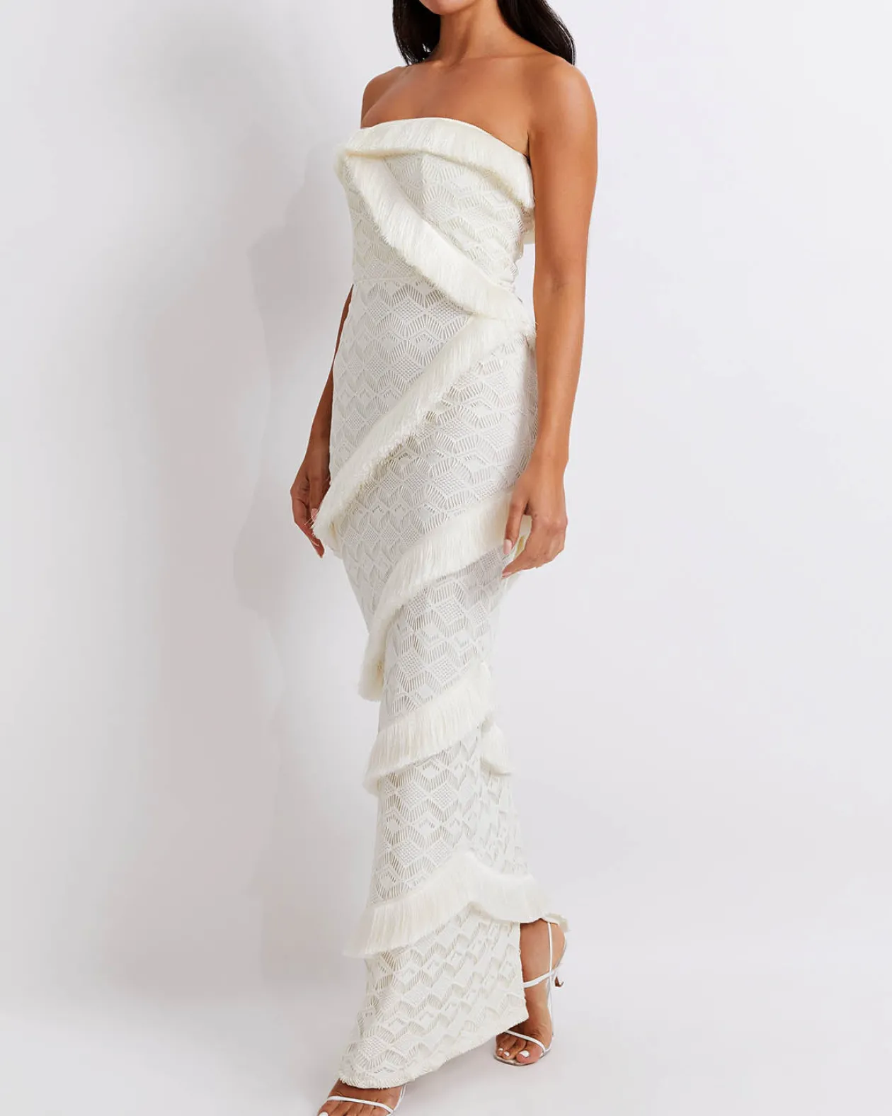 PatBo Crochet Strapless Fringe Trim Maxi Dress
