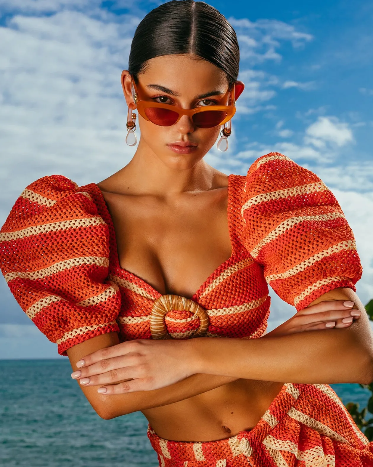 PatBo Striped Crochet Cropped Top