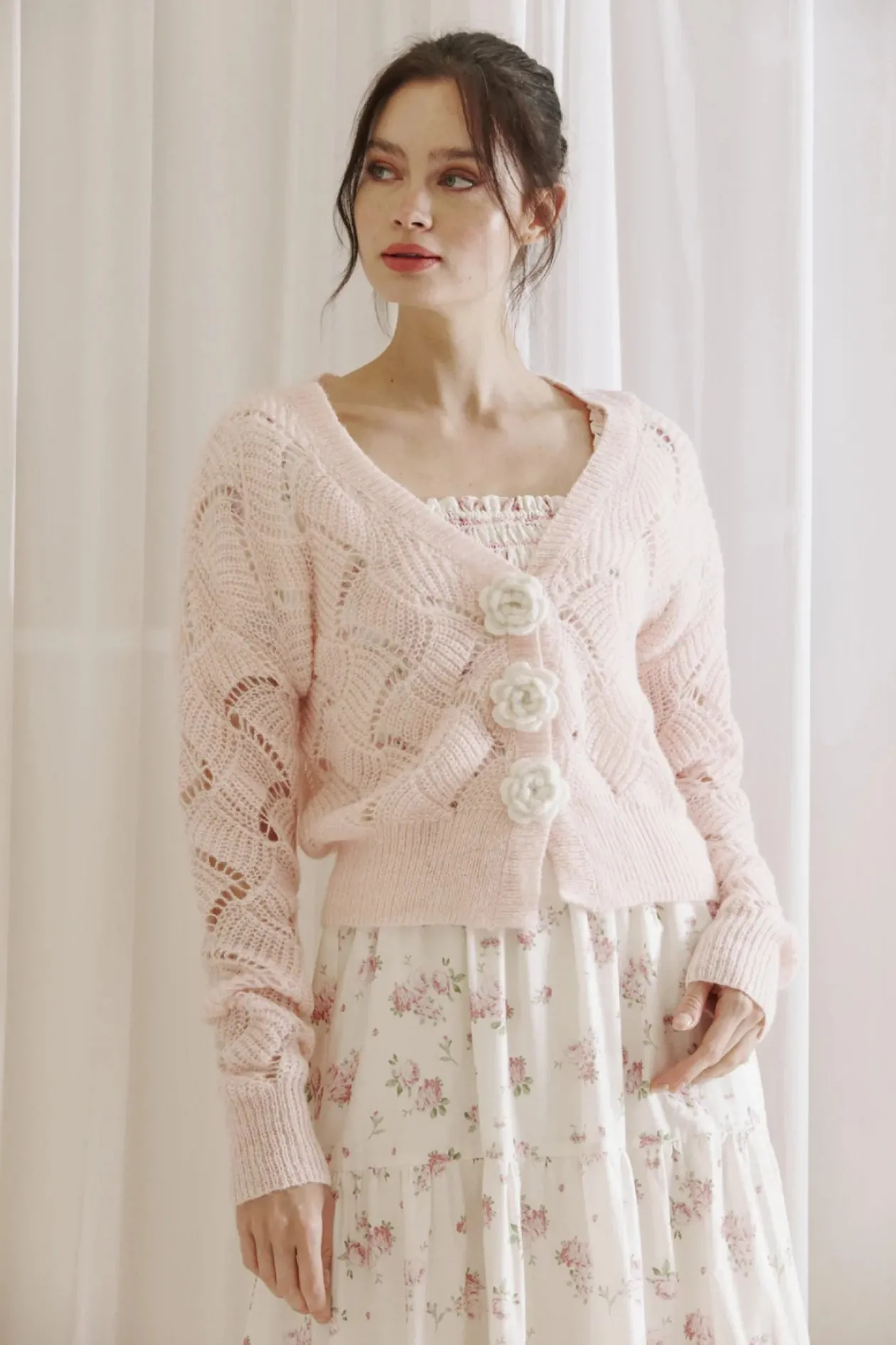 Pink Crochet Cardigan with Flowers