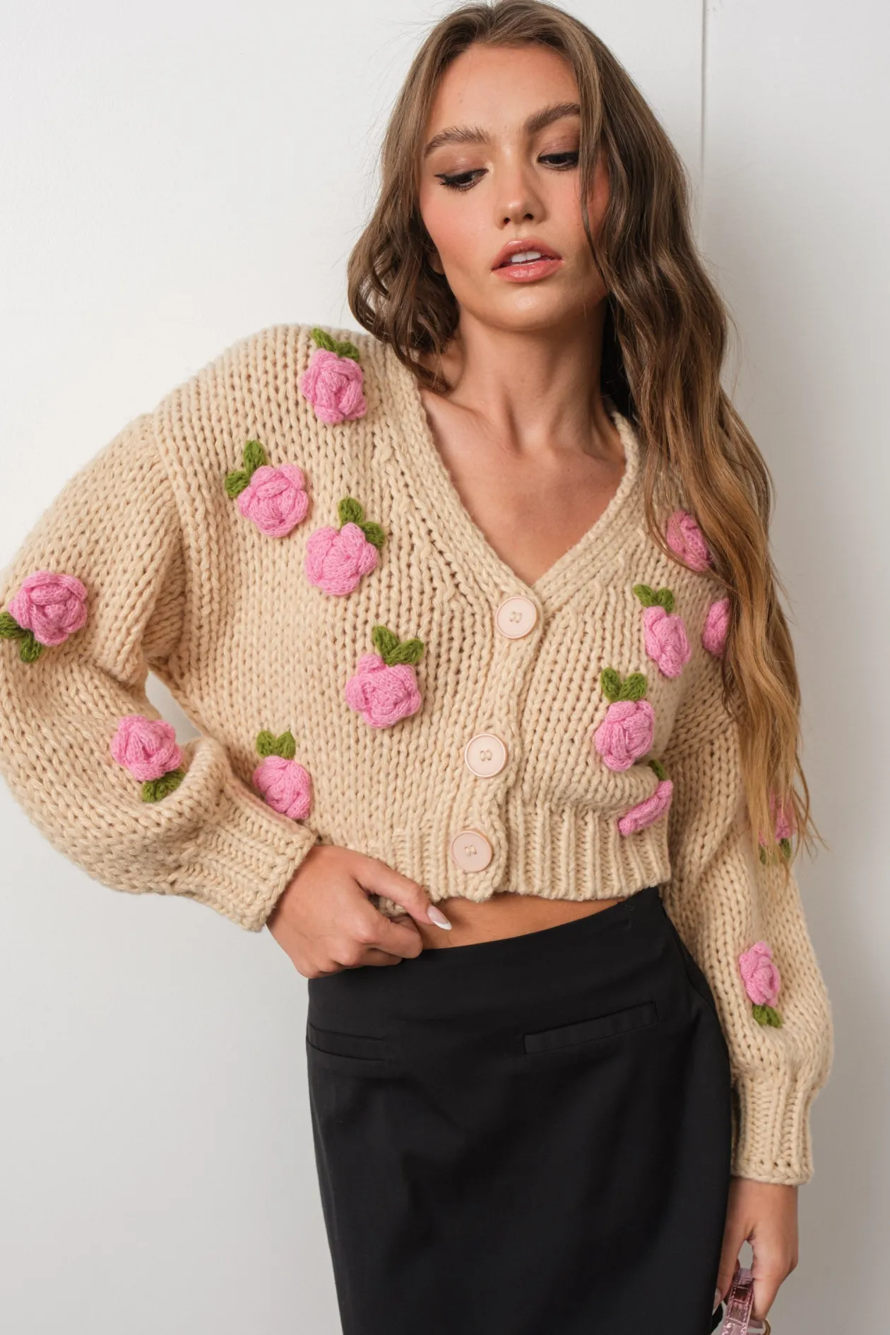 Rose Applique Knit Oversized Cardigan