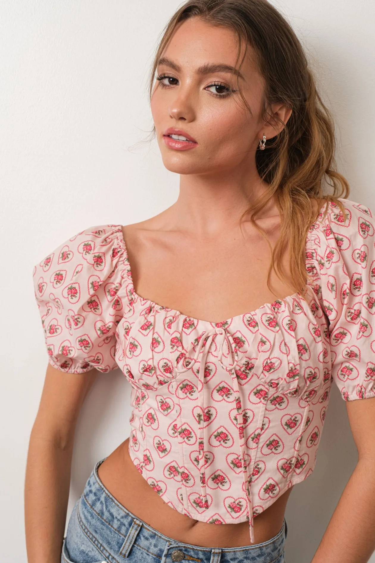 Rose Print Puff Sleeve Corset Top