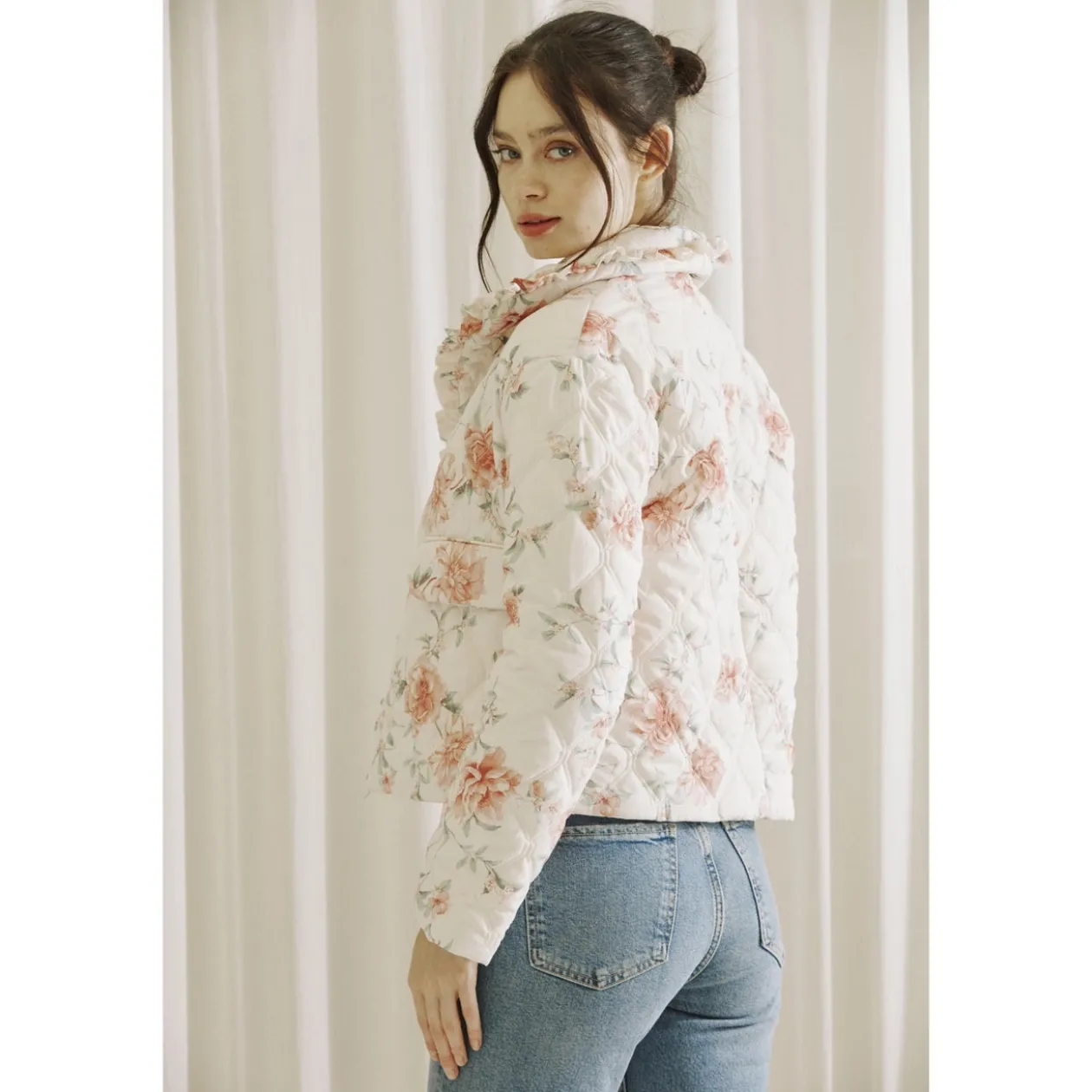 Rose Print Quilted Puffer Jacket