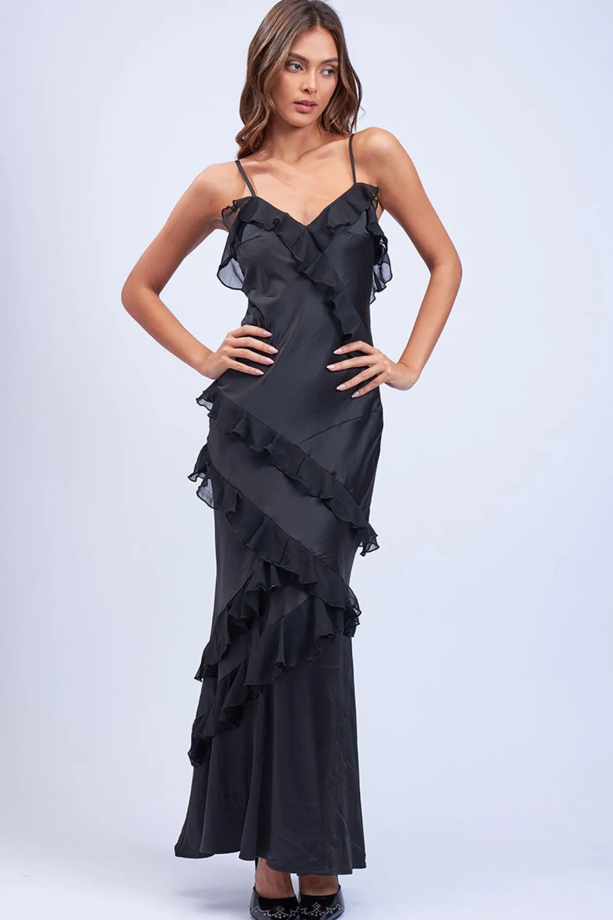Satin Ruffle Maxi Dress