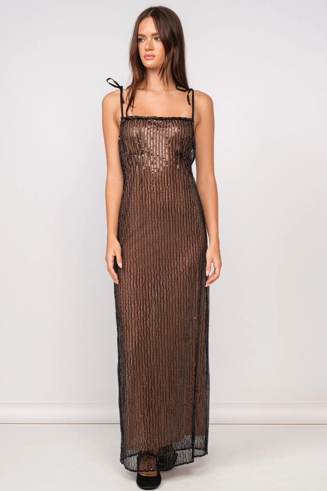 Sequin Shoulder Tie Maxi Dress