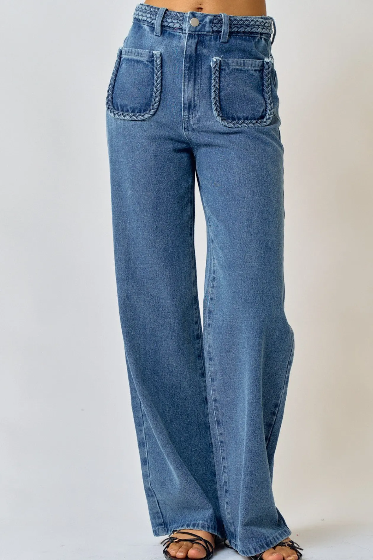 Straight Leg Denim Pants with Braided Detail