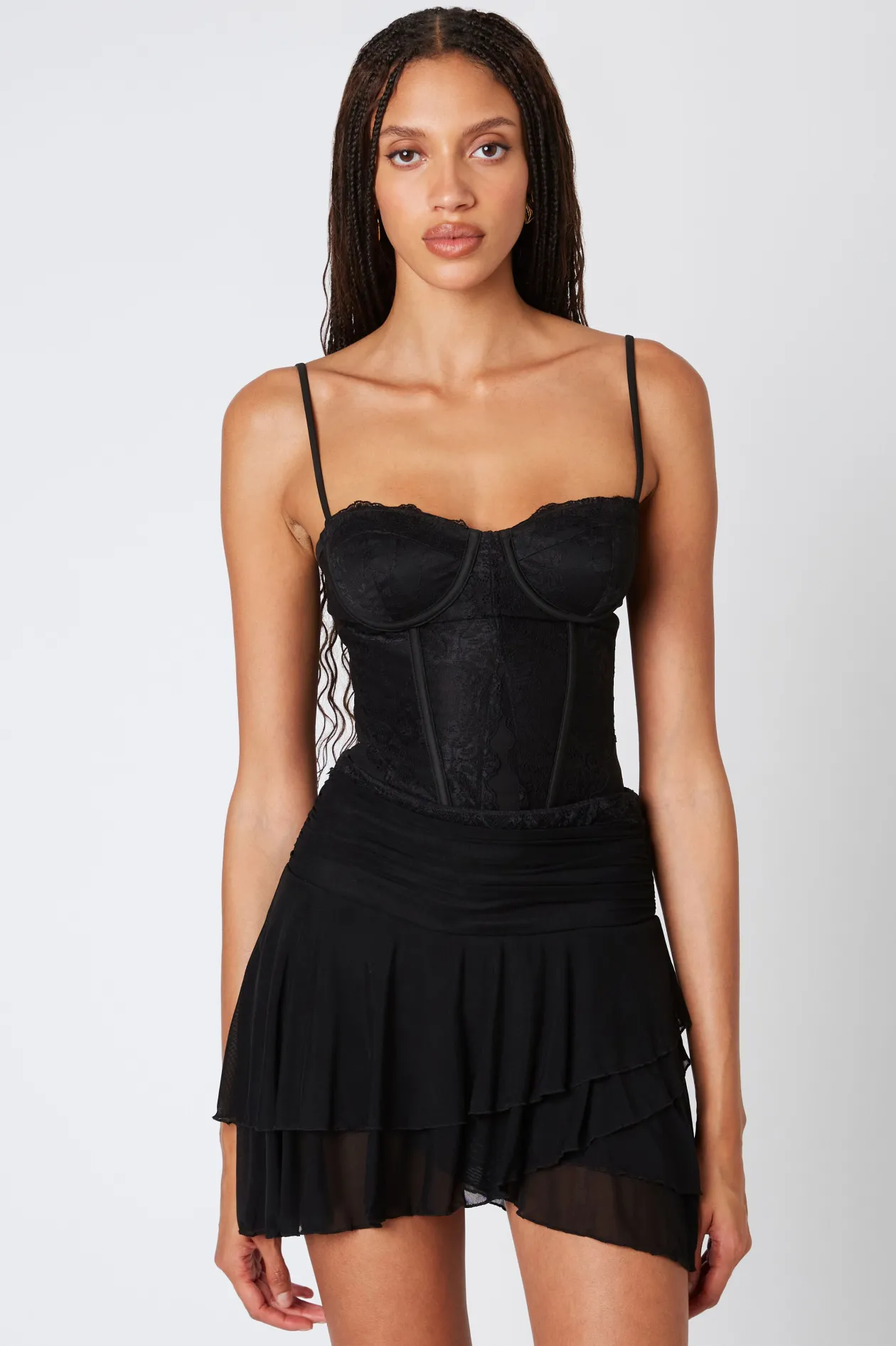 Tiered Asymmetrical Lace Mini Skirt in Black